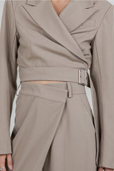 Cropped Structured Woven Blazer W Self Wrap Belt